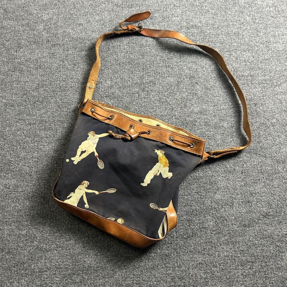 Polo Ralph Lauren Crossbody Bag Mens Medium Blue Canvas Leather Tennis Italy